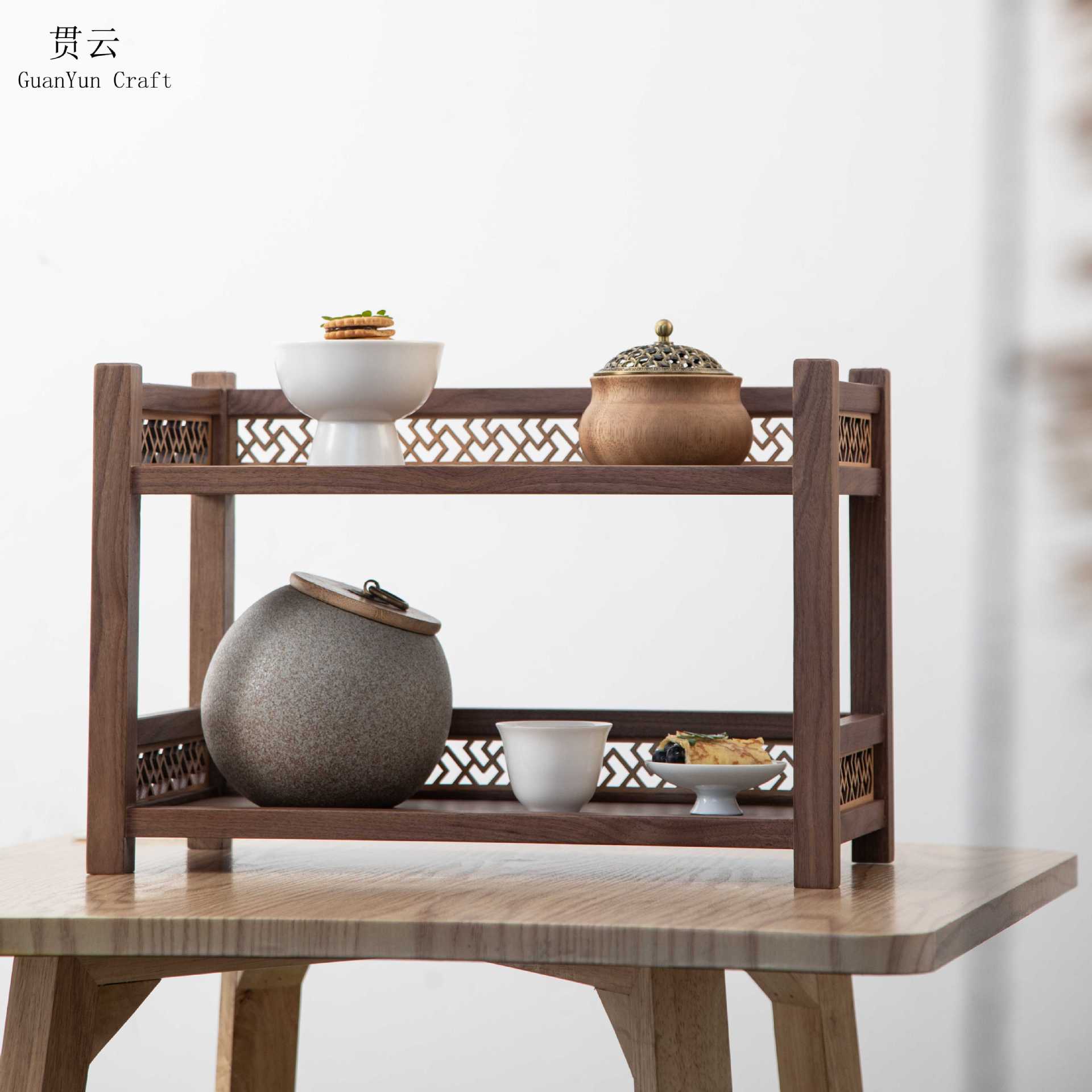 黑胡桃桌面置物架小型双层博古架实木多宝阁茶壶摆件茶具展示架