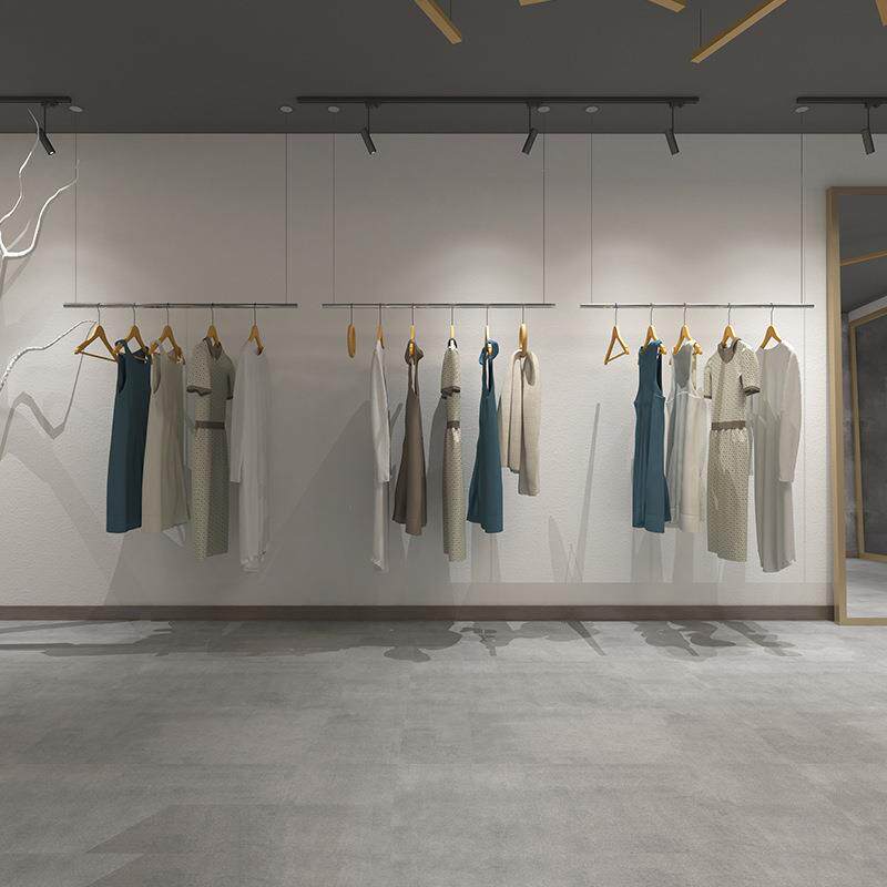 服装店挂衣杆女装悬挂式吊顶吊杆不锈钢拉丝银展示架货架上墙吊架