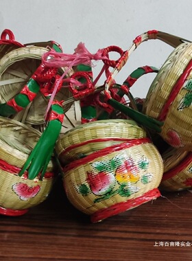 潮汕彩绘竹篮手工婚嫁花篮竹编篮子收纳蓝储物篮传统竹艺摆件花篮