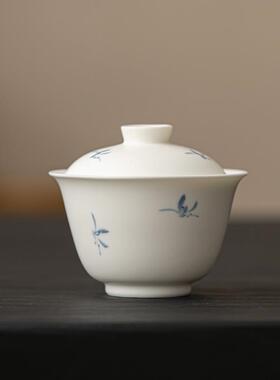 墨己哑光白手绘秋水兰花陶瓷盖碗两才文人泡茶公杯茶具家用茶碗