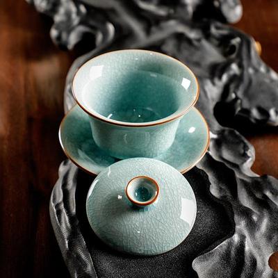 精品梅花冰片纹理汝窑盖碗开片可养三才碗陶瓷茶具单个泡茶杯高端