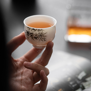 圭隐堂纯手绘墨竹陶瓷功夫茶杯家用复古主人杯个人单杯闻香品茗杯