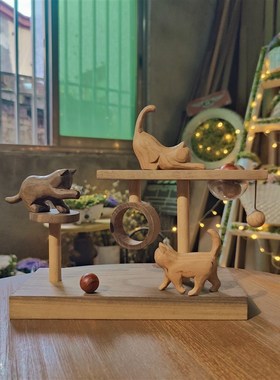 实木手作猫咪猫舍猫架氛围微缩场景桌面装饰家居猫店摆件