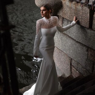 新款婚纱高定珍珠显瘦显高缎面简约超仙梦幻鱼尾拖尾婚礼出门纱