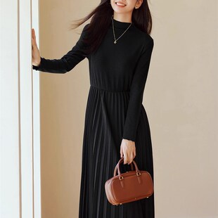 朗文斯汀百褶连衣裙女2024冬季新款收腰显瘦针织拼接赫本风裙子