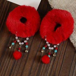 2025新年头饰古风汉服儿童秋冬毛绒发圈头绳女新春丸子头流苏发饰