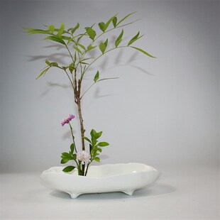 配剑山陶瓷船型花盆日式花器传统禅意插花水盆茶室酒店软装饰摆件