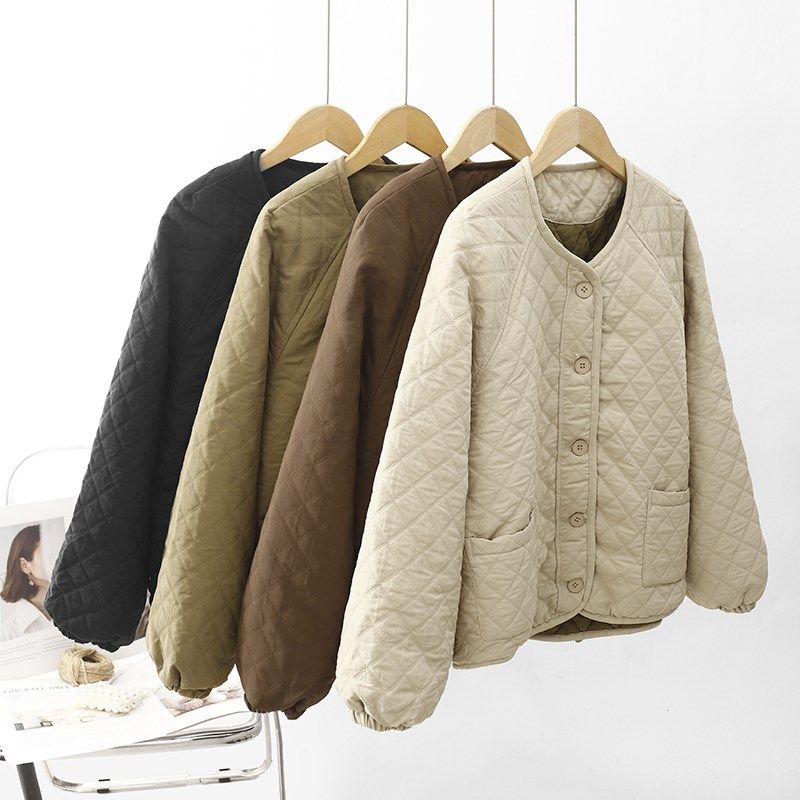 高级感黑色菱格绗缝轻薄棉服女秋冬2024新款宽松短款圆领夹棉外套