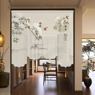 新中式门帘挂式屏风卷帘花鸟雅趣免打孔玄关挂帘茶室书房客厅隔断