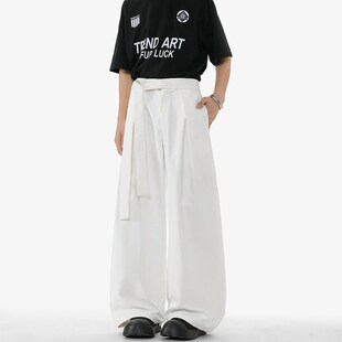 悟空有货绑带设计感垂感阔腿褶皱西裤男山本风宽松休闲直筒西装裤