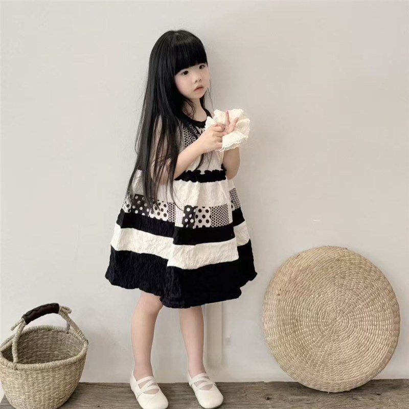 童装定制夏季新款女童时髦拼色波点挂脖背心裙子小女孩吊带连衣裙