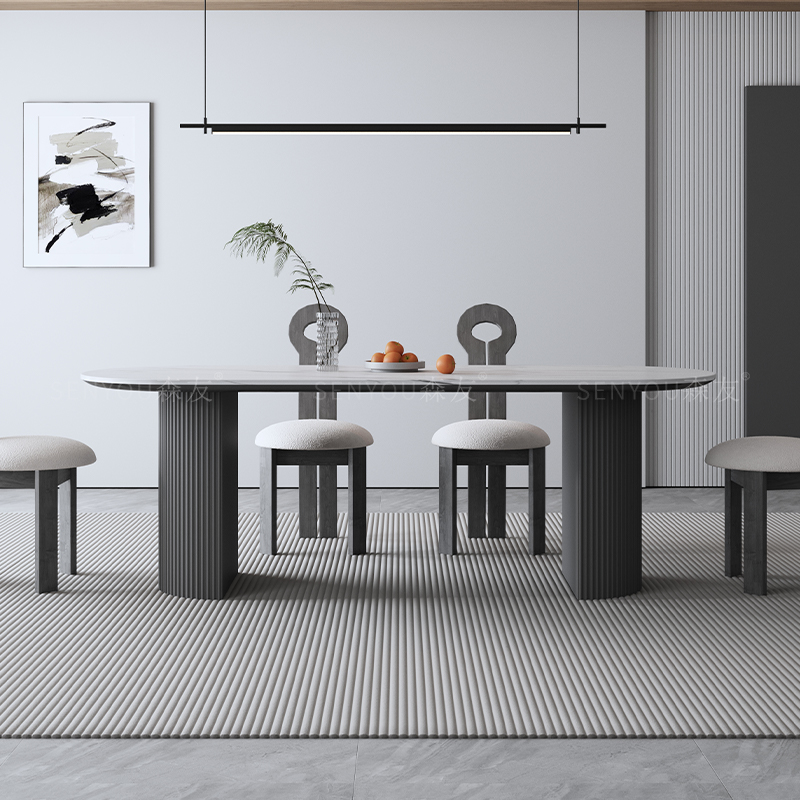 黑色椭圆网红设计师奶油风实木岩板可伸缩岛台一体家用餐桌