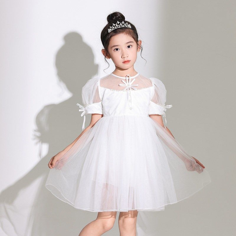 女童白色公主裙儿童蓬蓬演出服连衣裙小女孩花童婚礼主持人礼服裙