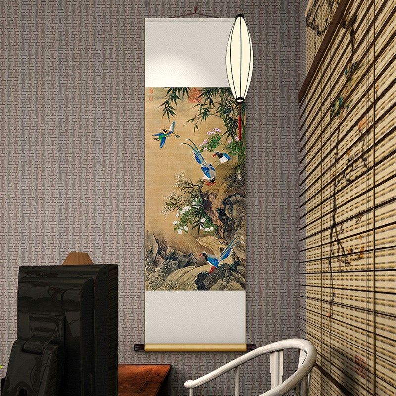 中式花鸟卷轴挂画客厅书房复古装饰画竹禽月季图竖版玄关走廊壁画,家居饰品,现代装饰画,淘宝优惠券,粉丝福利购,淘宝优惠卷