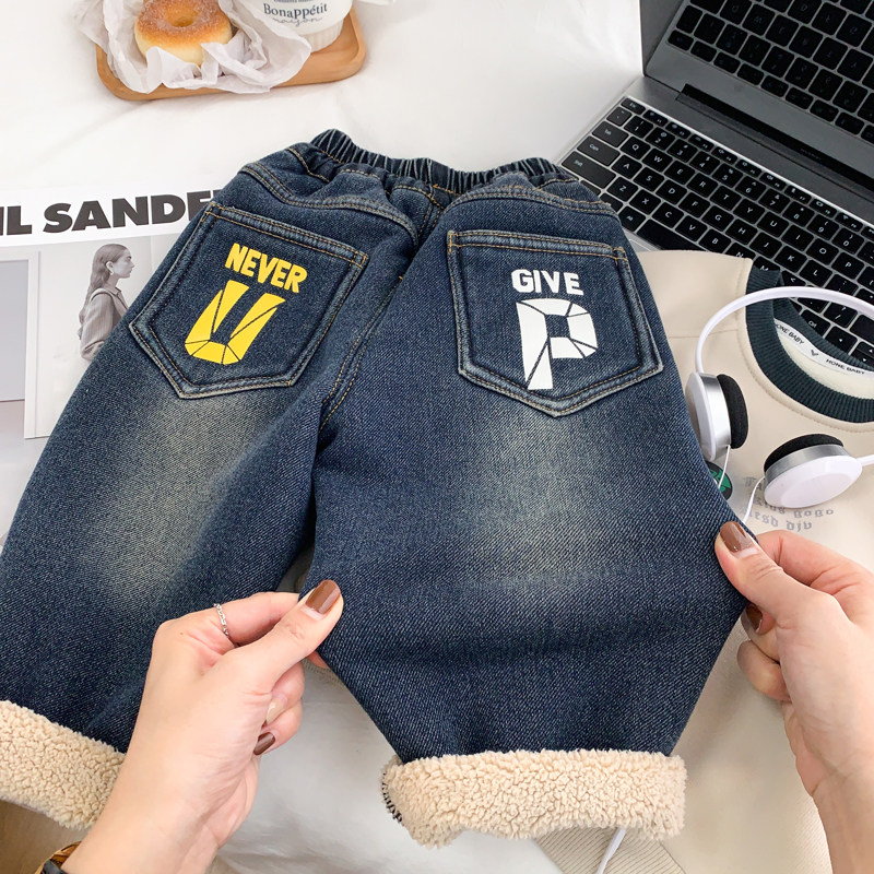 男童加绒加厚牛仔裤2023冬季新款儿童羊羔绒柔软裤子小童保暖长裤