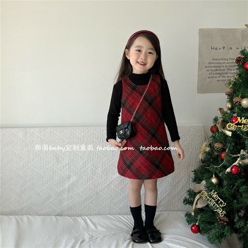 女童红色格子夹棉毛呢背心裙2024秋冬儿童万圣节圣诞连衣裙生日裙