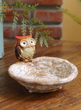 可爱的猫头鹰陶瓷碟摆设装饰坚果盘钥匙盆肥皂盒烟灰缸摆件