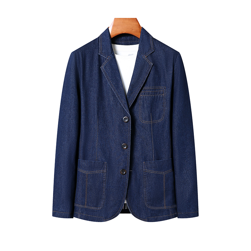 牛仔西装男款春秋长袖上衣宽松大码中老年爸爸装翻领外套深蓝西服