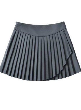 MICN少女腿前短后长百搭半身裙a字收腰显瘦高腰小个子百褶短裙女