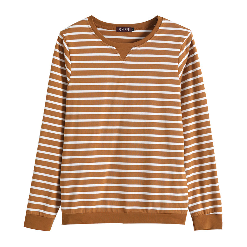 纯棉长袖t恤女2021年新款上衣中年妈妈春装遮肚子宽松条纹打底衫