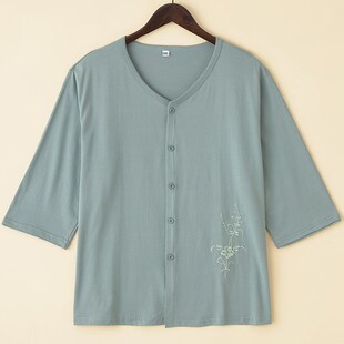 薄款 V领妈妈汗衫 中老年纯棉开衫 宽松全棉七分袖 200斤 上衣大码 夏季