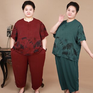 200斤两件套装 上衣服女胖妈妈夏装 中老年宽松奶奶短袖 加肥加大码