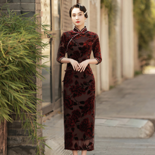 高档真丝烂花绡旗袍长款2025年春季新款七分袖妈妈喜婆婆宴会礼服
