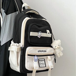 初中生书包女学院风黑白撞色女生小学生大容量高中生百搭双肩包
