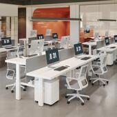 可升站工位桌带挡板电动立式 实降木双白人电脑桌827员工色屏风办