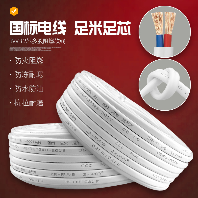 国标二芯护套线1.5 2.5 4 6平方防F水防冻电线软线100米电源电缆