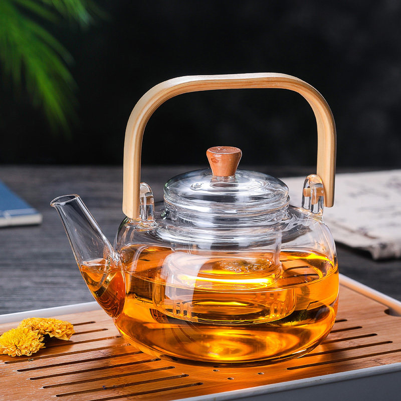 提梁壶耐高温玻璃泡茶壶竹木把手带过滤内胆透明煮茶壶电陶炉烧水