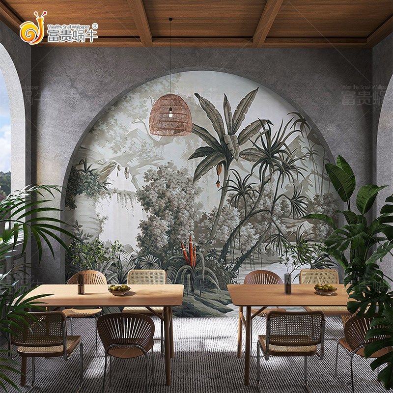 东南亚热带植物森林壁纸民宿酒店西餐厅背景墙纸法式客厅复古墙布