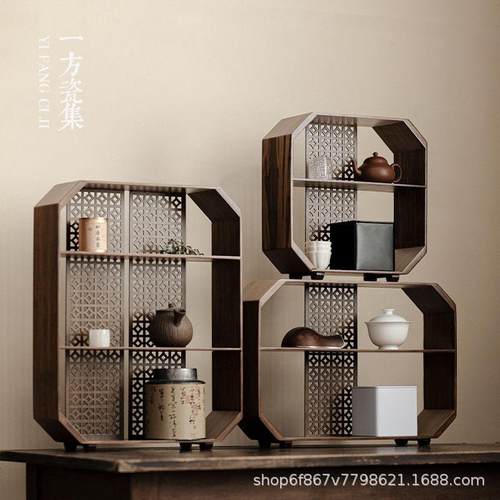 家用木质中式博古架实木多宝格茶室摆件桌面收纳架子实木置物架