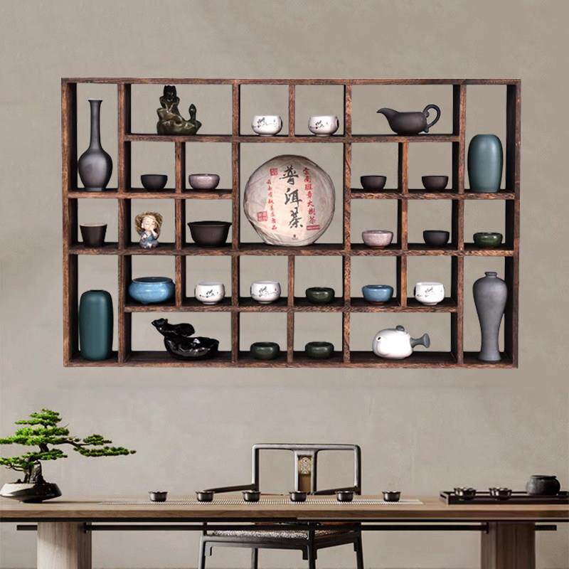 实木博古架壁挂式茶杯架子多宝阁古玩摆件茶具置物架上墙展示架子