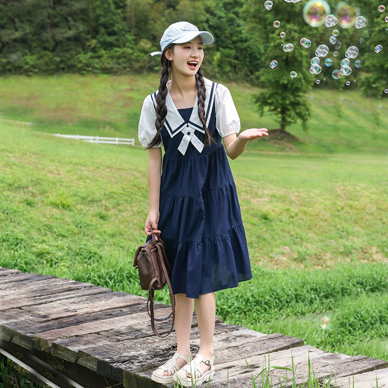 女大童连衣裙夏季2024新款洋气时髦15岁初中学生夏装薄款白色裙子