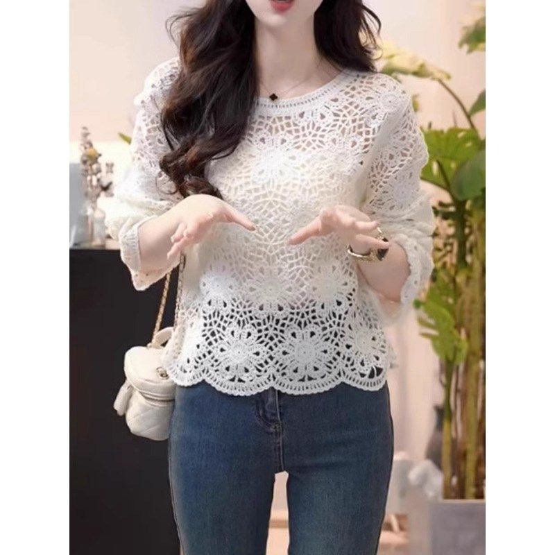 法式高级感镂空钩花针织衫女装春夏2025新款喇叭长袖上衣防晒罩衫,女装/女士精品,T恤,淘宝优惠券,粉丝福利购,淘宝优惠卷