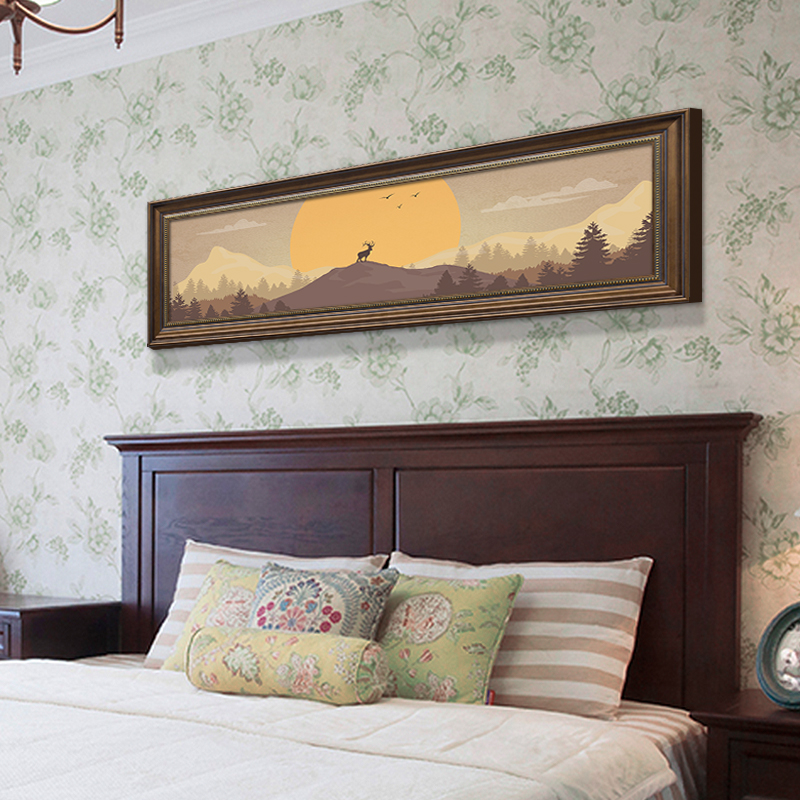 美式壁画主卧室房间床头挂画横幅装饰画墙面温馨油画客厅背景墙画