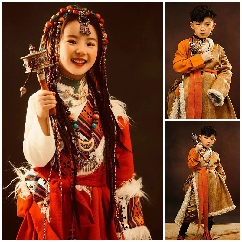新款儿童摄影服装男童女童民族演出服藏袍主题影楼艺术照拍照道具