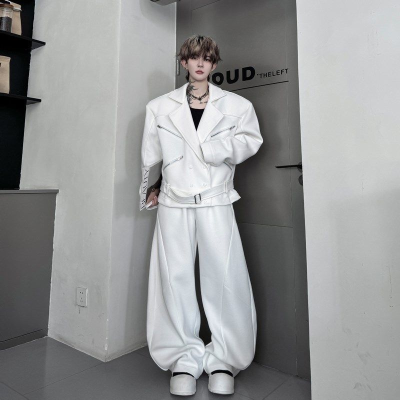 秋装小众多拉炼解构腰带翻领夹克垫肩套装男弯刀阔腿长裤两件套潮,男装,时尚套装,淘宝优惠券,粉丝福利购,淘宝优惠卷