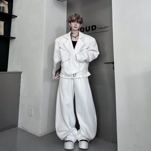 秋装小众多拉炼解构腰带翻领夹克垫肩套装男弯刀阔腿长裤两件套潮