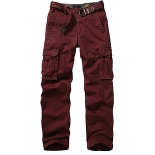 重磅复古工装 大码 裤 宽松直筒多口袋酒红色户外休闲军裤 男长裤 美式