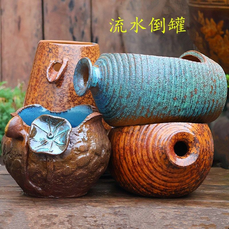 创意手工陶盆流水摆件庭院造景陶瓷水缸水培无孔花盆老式陶罐大缸