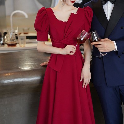敬酒服新娘酒红色平时可穿夏季小个子钉珠结婚礼服回门连衣裙宴会