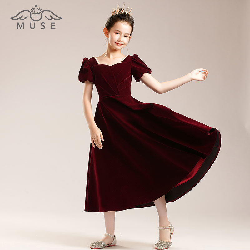 红色女童礼服花童公主裙儿童主持人钢琴演出服高端生日晚礼服秋冬