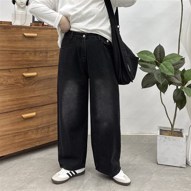 大码梨形身材黑色渐变牛仔裤女秋季新款胖mm高腰显瘦直筒阔腿长裤