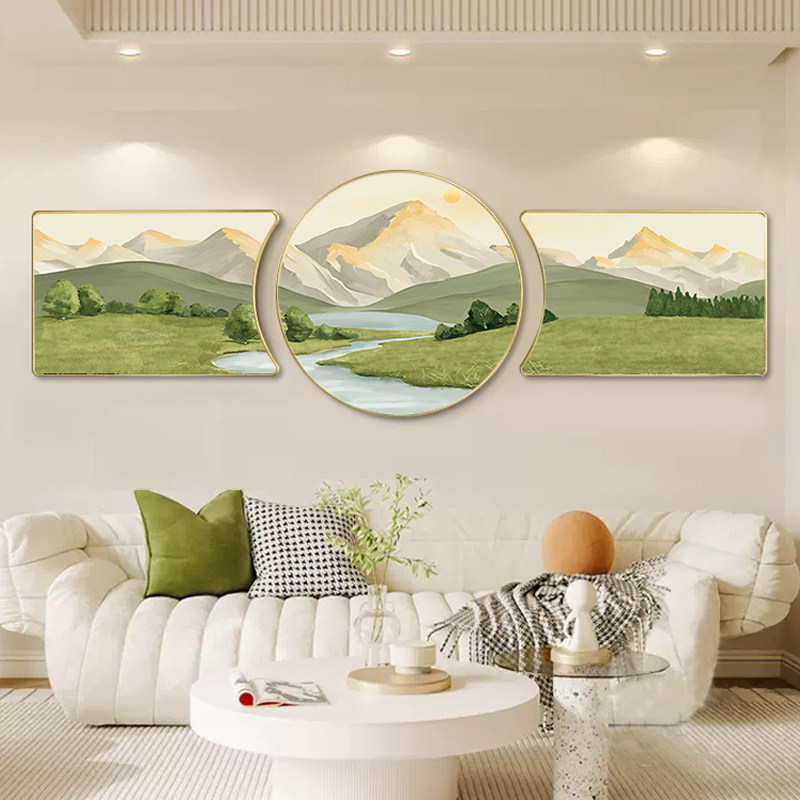北欧风客厅装饰画日照金山沙发背景墙挂画寓意好绿色风景三联壁画,家居饰品,现代装饰画,淘宝优惠券,粉丝福利购,淘宝优惠卷