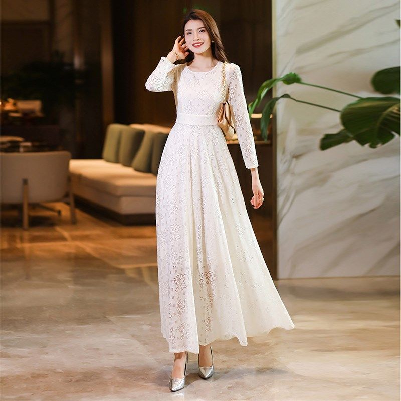 白色长袖连衣裙女2024春秋新款高端蕾丝长款收腰大码显瘦气质长裙