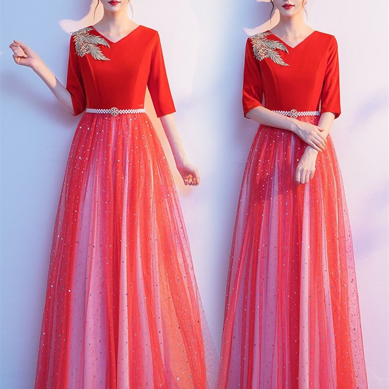 2021新款成人合唱团演出服晚会主持人礼服女独唱大合唱表演服长裙