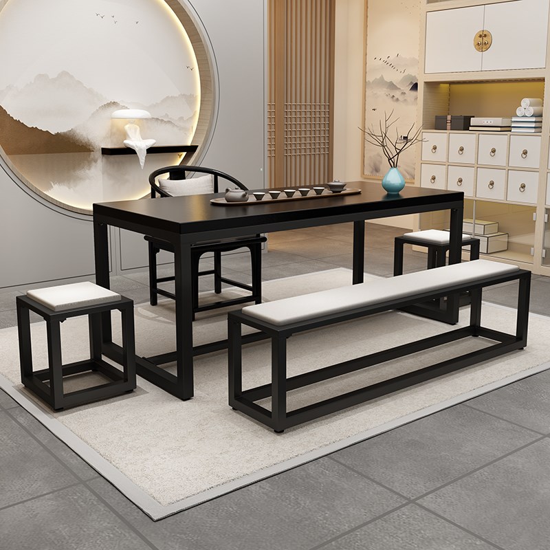 家用实木茶桌中古诧寂风黑色长方形茶馆客厅设计铁艺原木茶几