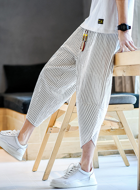 棉麻休闲裤男士亚麻条纹七分裤子夏季薄款宽松7分裤休闲大码短裤